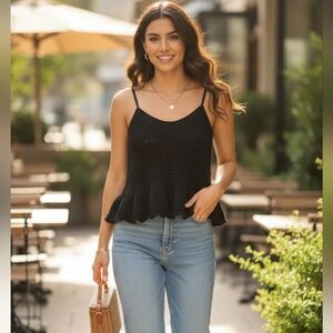 Only Black Ruffled Peplum Camisole Crochet Top Size M